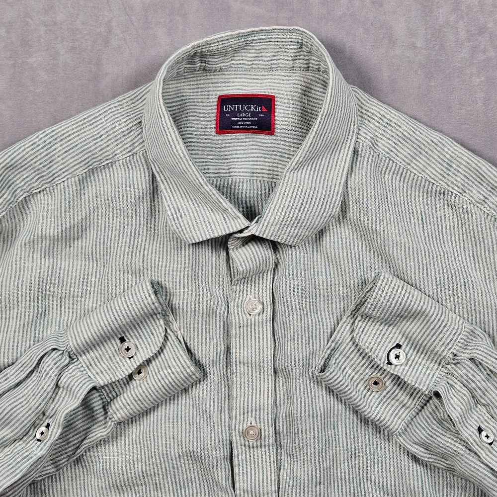 UNTUCKit Shirt Mens Large Green White Striped 100% Linen Long Sleeve Button Up